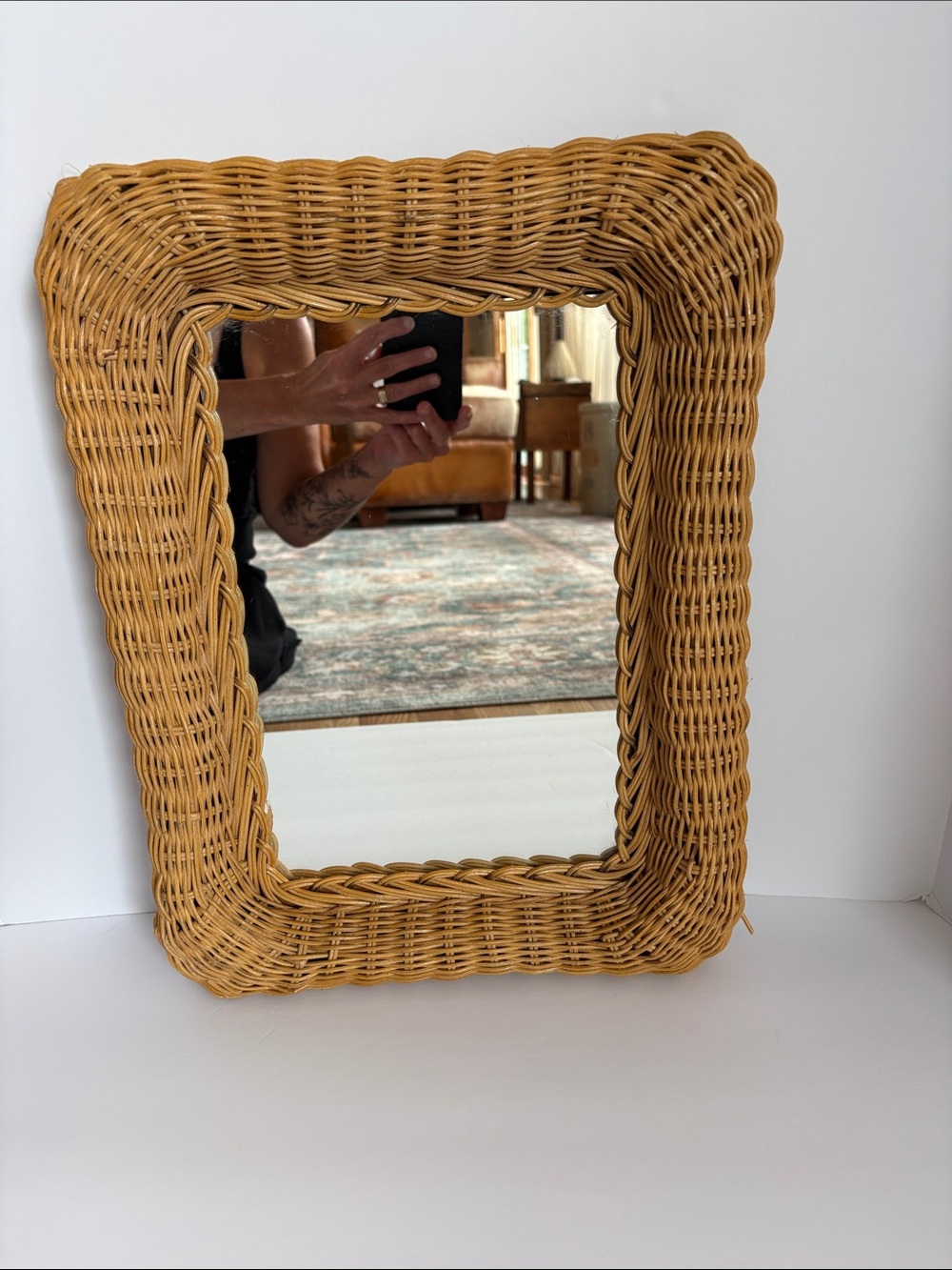 Vintage mid century wall mirror natural woven rattan frame boho coastal mirror